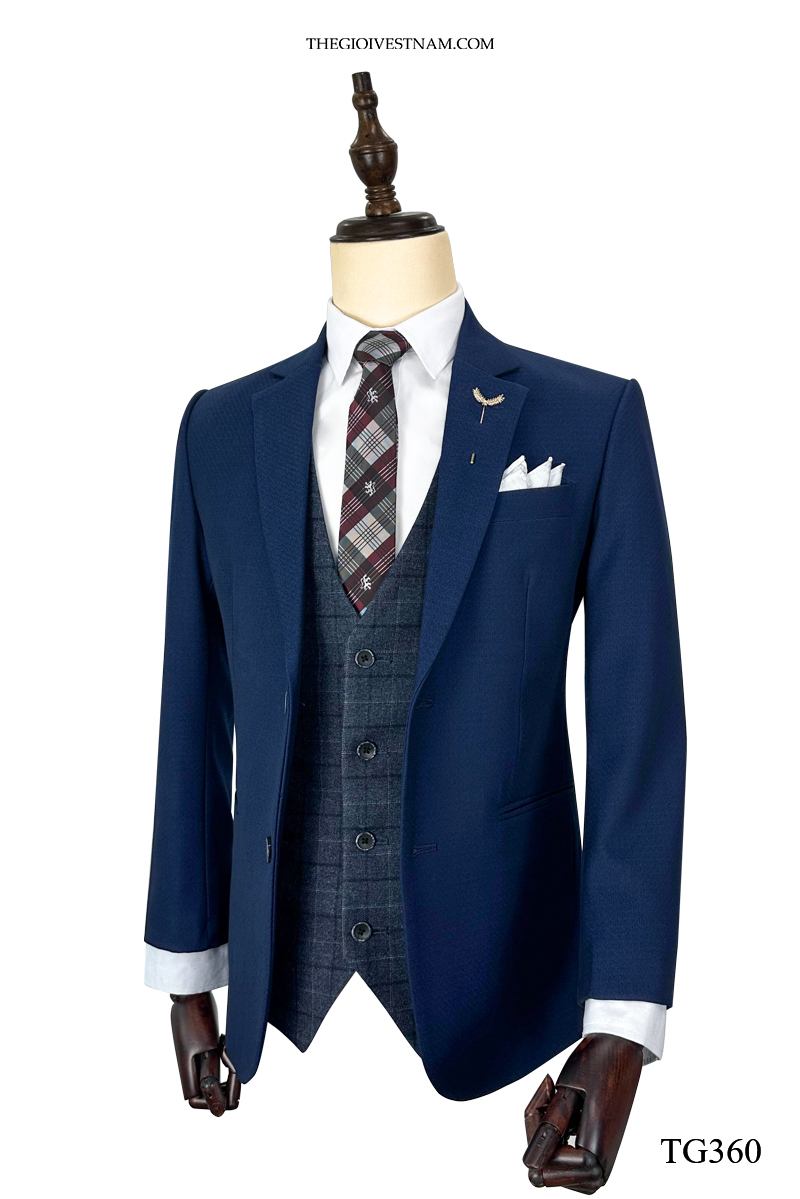 Bộ suit xanh navy caro ẩn hai nút TG360 #1